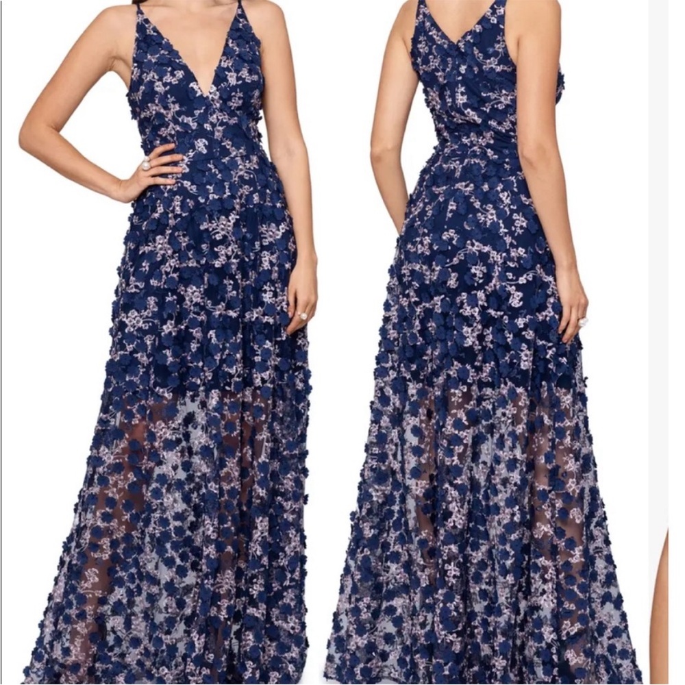 Xscape Floral Lace Navy Dress